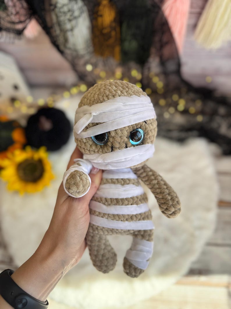 Crochet Mummy Plush, Halloween Decor, Amigurumi Mummy, Spooky Home Decor, Non Candy Trick or Treat Gift, Gothic Decor