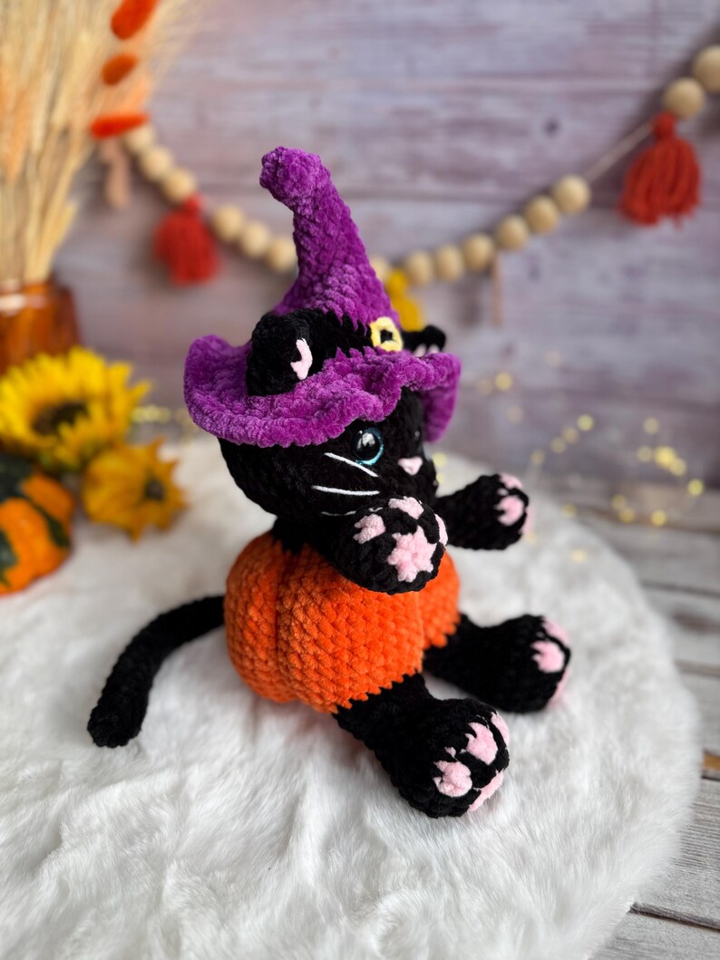 Halloween Black Cat Plush, Witch Cat Amigurumi, Pumpkin Cat