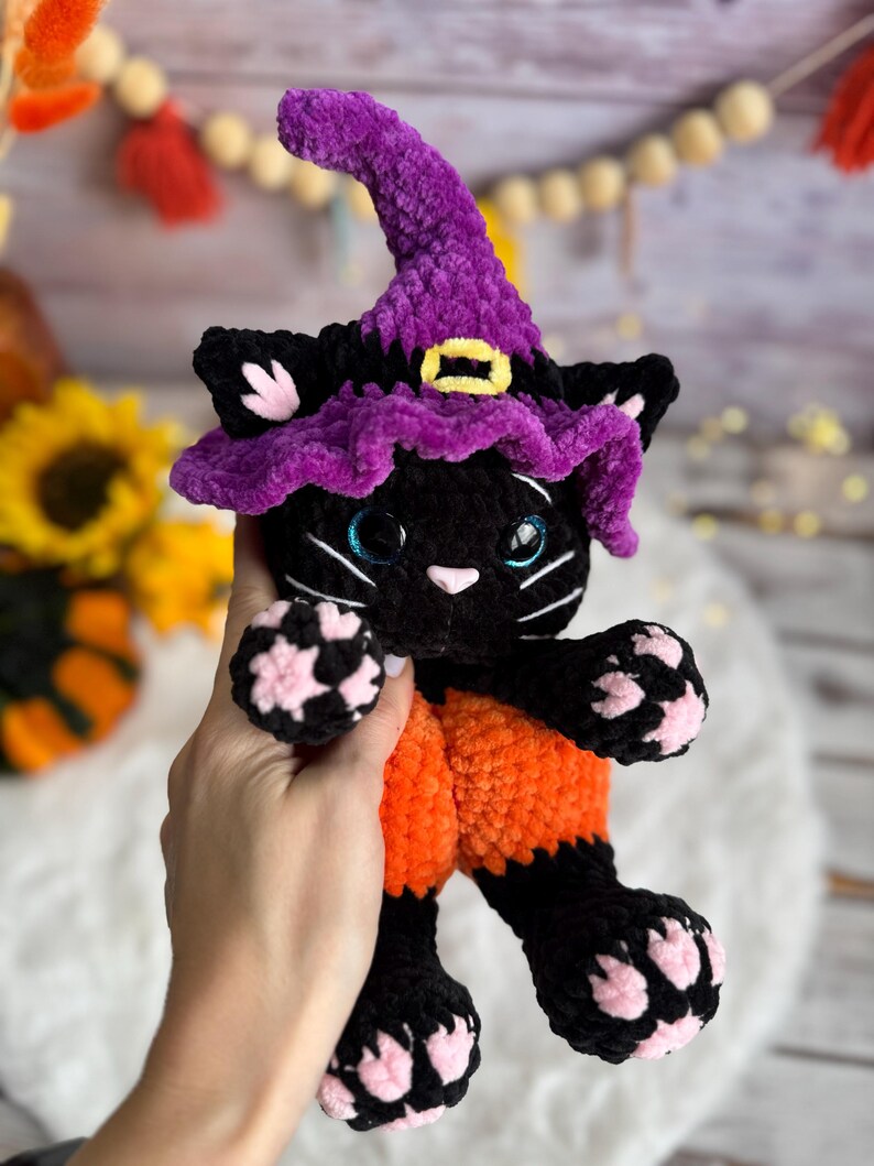 Halloween Black Cat Plush, Witch Cat Amigurumi, Pumpkin Cat