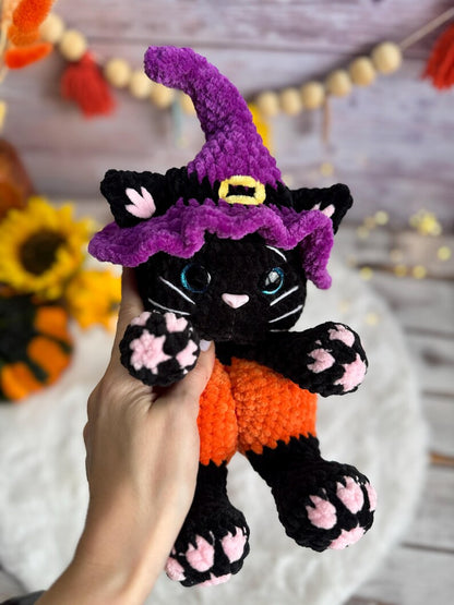 Halloween Black Cat Plush, Witch Cat Amigurumi, Pumpkin Cat