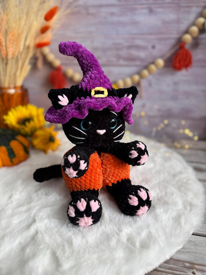 Halloween Black Cat Plush, Witch Cat Amigurumi, Pumpkin Cat