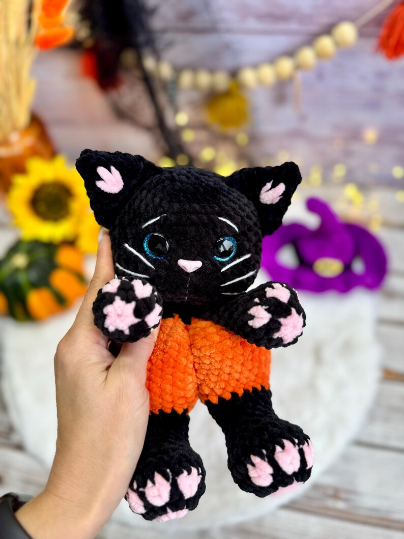Halloween Black Cat Plush, Witch Cat Amigurumi, Pumpkin Cat