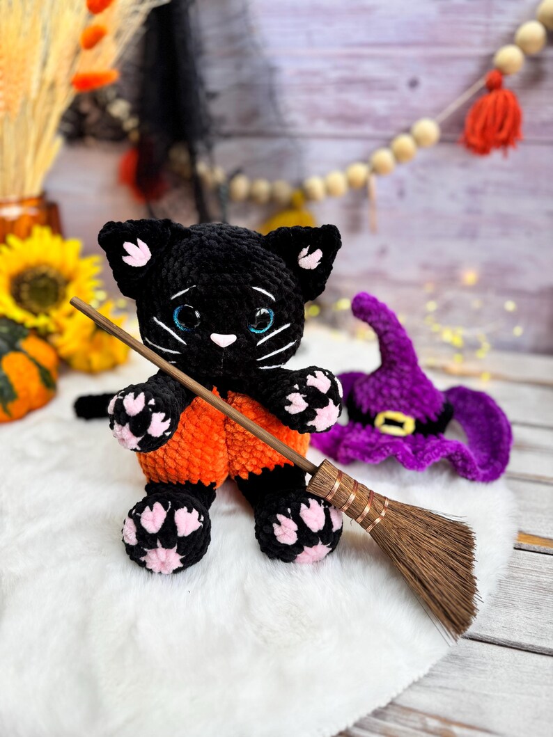 Halloween Black Cat Plush, Witch Cat Amigurumi, Pumpkin Cat