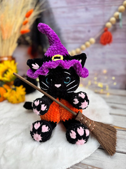 Halloween Black Cat Plush, Witch Cat Amigurumi, Pumpkin Cat
