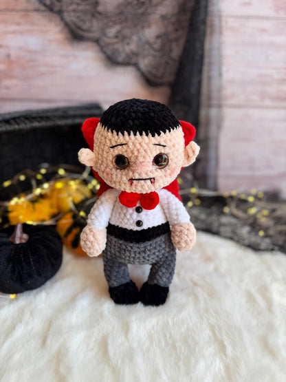 Handmade Dracula Decor, Crochet Vampire Ornament, Gothic Halloween Decoration, Horror Collectible, Shelf Display