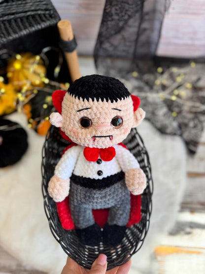 Handmade Dracula Decor, Crochet Vampire Ornament, Gothic Halloween Decoration, Horror Collectible, Shelf Display