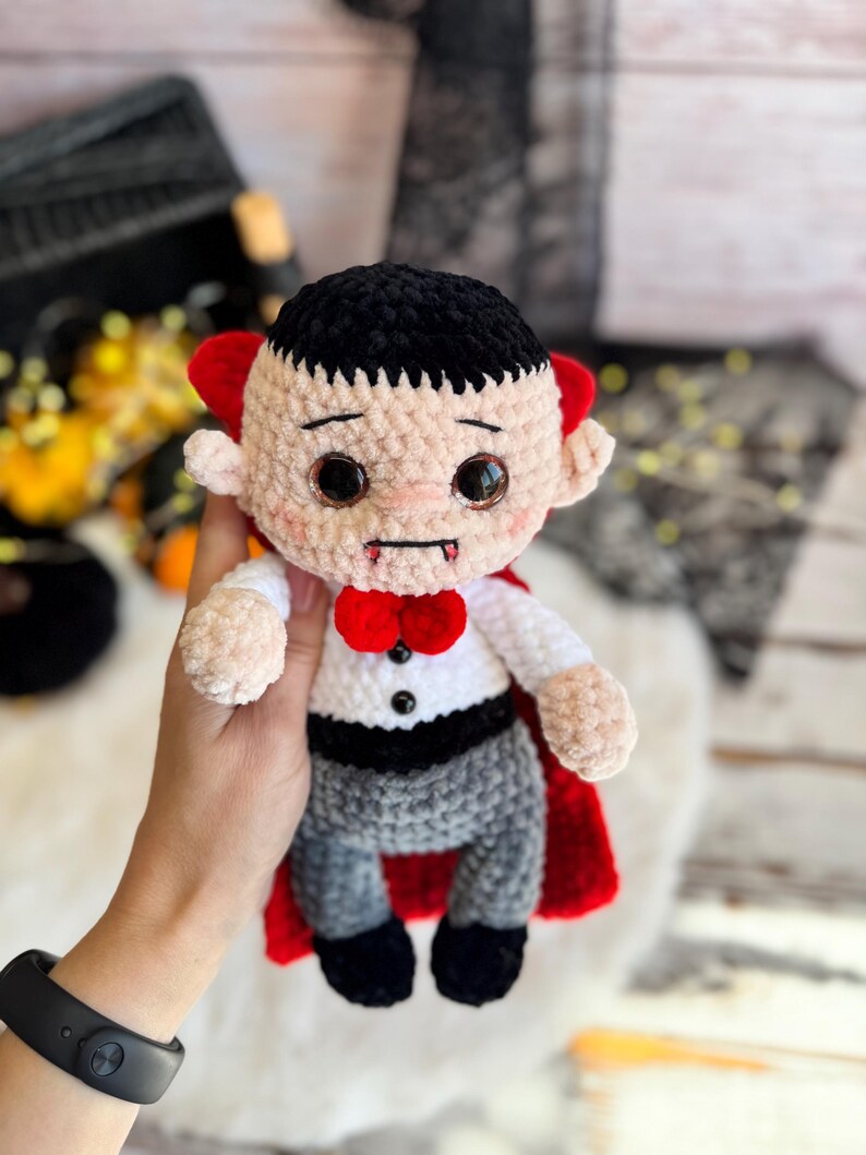 Handmade Dracula Decor, Crochet Vampire Ornament, Gothic Halloween Decoration, Horror Collectible, Shelf Display