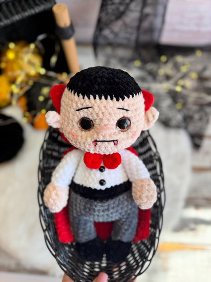 Handmade Dracula Decor, Crochet Vampire Ornament, Gothic Halloween Decoration, Horror Collectible, Shelf Display