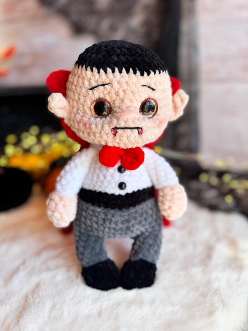 Handmade Dracula Decor, Crochet Vampire Ornament, Gothic Halloween Decoration, Horror Collectible, Shelf Display