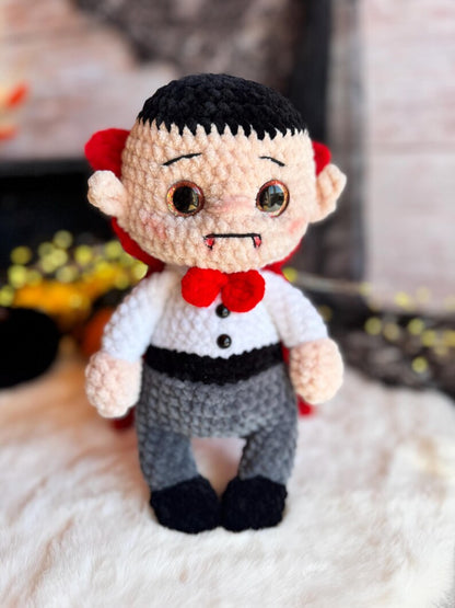 Handmade Dracula Decor, Crochet Vampire Ornament, Gothic Halloween Decoration, Horror Collectible, Shelf Display