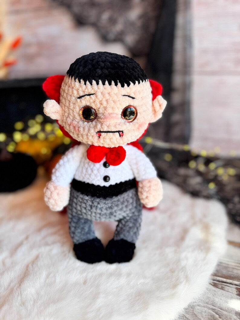 Handmade Dracula Decor, Crochet Vampire Ornament, Gothic Halloween Decoration, Horror Collectible, Shelf Display