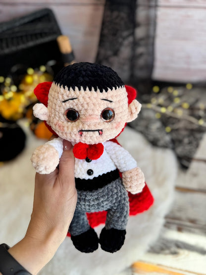 Handmade Dracula Decor, Crochet Vampire Ornament, Gothic Halloween Decoration, Horror Collectible, Shelf Display
