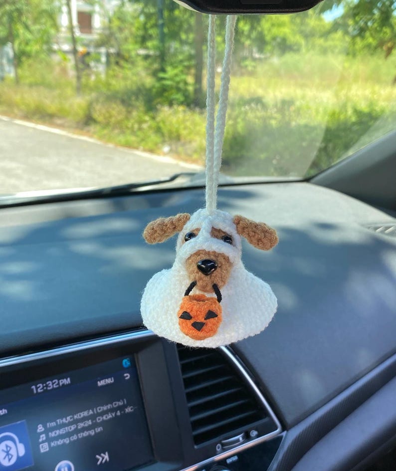 Crochet Dog Costume Car Rear View Mirror Accessory, Amigurumi Ghost Dog Car Charm, Halloween Fall Car Accessories, Fall Car Cute Decor