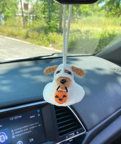 Crochet Dog Costume Car Rear View Mirror Accessory, Amigurumi Ghost Dog Car Charm, Halloween Fall Car Accessories, Fall Car Cute Decor