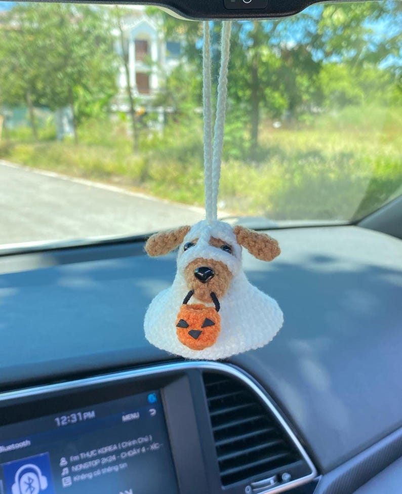 Crochet Dog Costume Car Rear View Mirror Accessory, Amigurumi Ghost Dog Car Charm, Halloween Fall Car Accessories, Fall Car Cute Decor