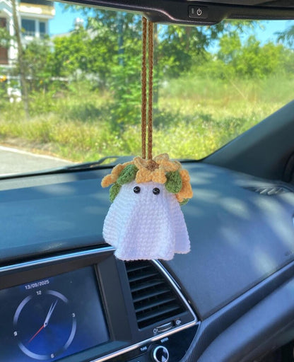 Crochet Ghost Car Charm, Ghost With Sunflower Headband Car Mirror Hanger, Ghost Plushie Halloween Decor, Halloween Car Accessory