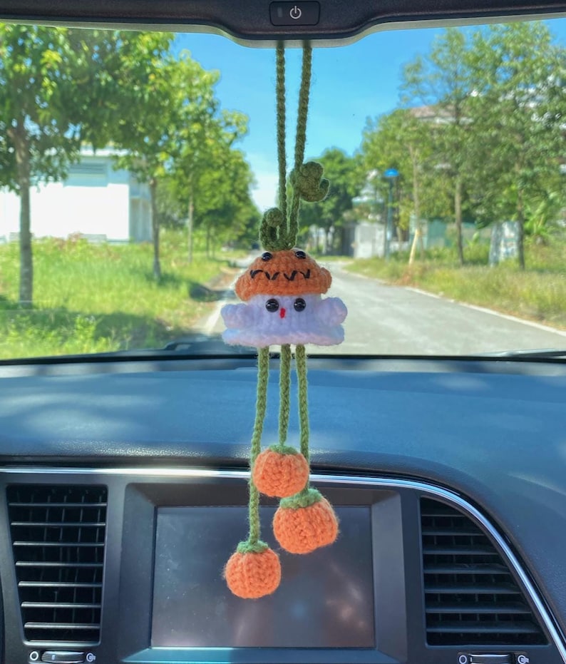 Halloween Ghost Car Charm Crochet, Cute Spooky Car Hanging Pendant, Amigurumi Gift For Halloween Decor, Car Ghost Hanger