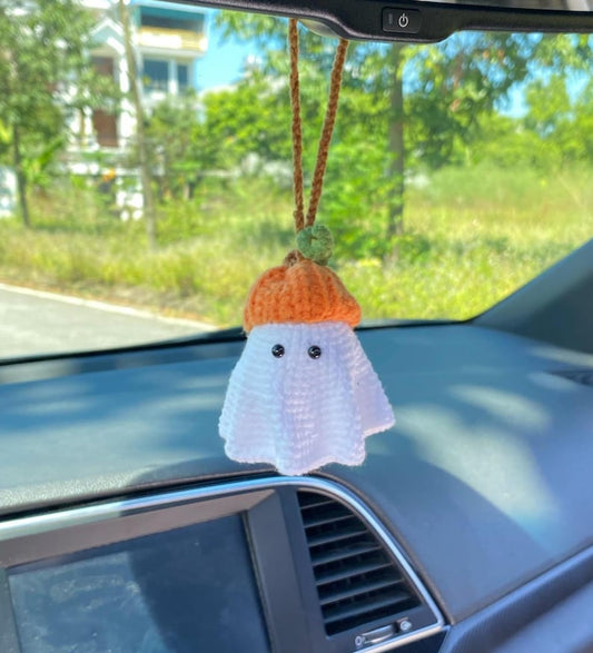 Crochet Ghost Car Charm, Ghost With Pumpkin Hat Car Mirror Hanger, Ghost Plushie Halloween Decor, Halloween Car Accessory