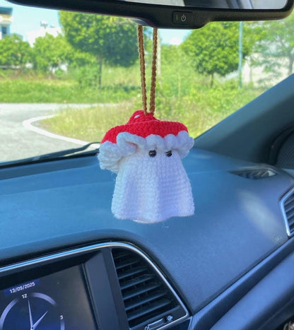 Crochet Ghost Car Charm, Ghost With Mushroom Hat Car Mirror Hanger, Ghost Plushie Halloween Decor, Halloween Car Accessory