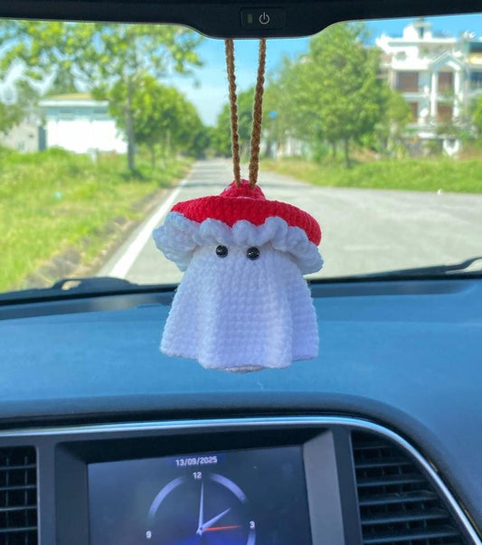 Crochet Ghost Car Charm, Ghost With Mushroom Hat Car Mirror Hanger, Ghost Plushie Halloween Decor, Halloween Car Accessory