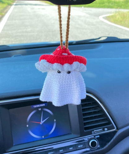 Crochet Ghost Car Charm, Ghost With Mushroom Hat Car Mirror Hanger, Ghost Plushie Halloween Decor, Halloween Car Accessory