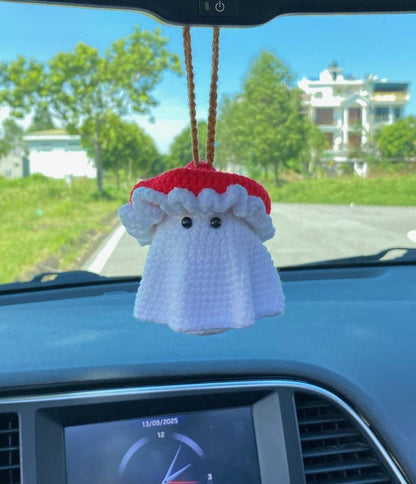 Crochet Ghost Car Charm, Ghost With Mushroom Hat Car Mirror Hanger, Ghost Plushie Halloween Decor, Halloween Car Accessory