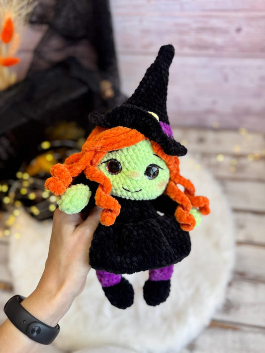 Crochet Witch Plush Amigurumi, Halloween Decor, Witchy Gift, Gothic Home Decor, Fantasy Plush, Cottagecore Decor