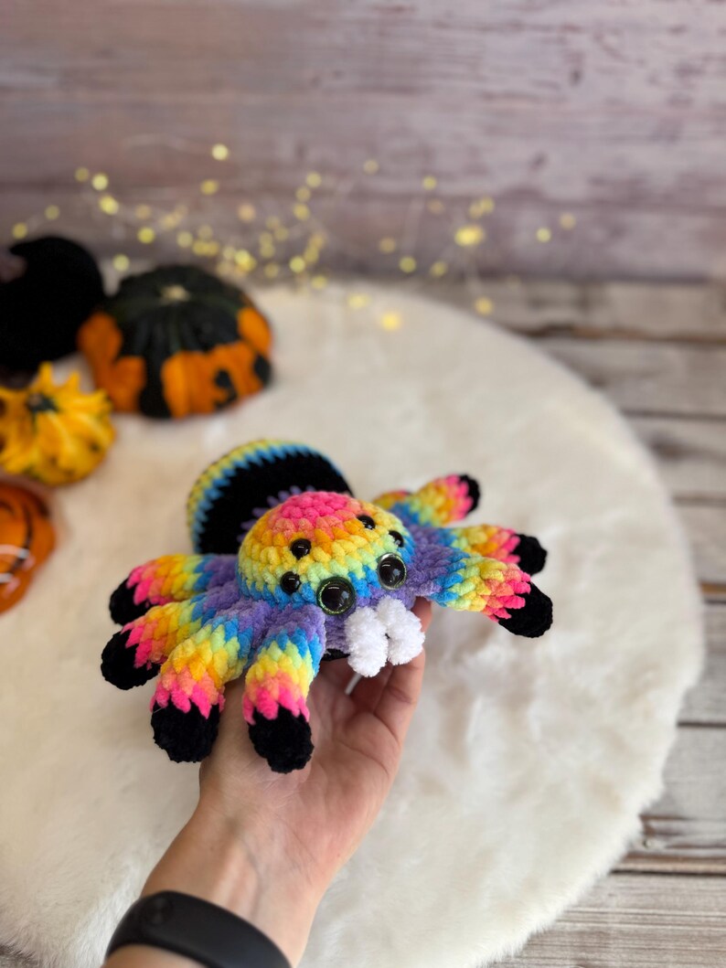 Rainbow Spider Decor, Handmade Crochet Spider Ornament, Halloween Decoration, Gothic Shelf Decor, Spider Lover Gift