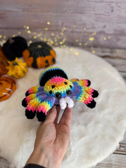 Rainbow Spider Decor, Handmade Crochet Spider Ornament, Halloween Decoration, Gothic Shelf Decor, Spider Lover Gift