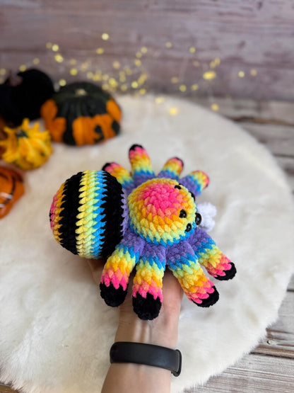 Rainbow Spider Decor, Handmade Crochet Spider Ornament, Halloween Decoration, Gothic Shelf Decor, Spider Lover Gift