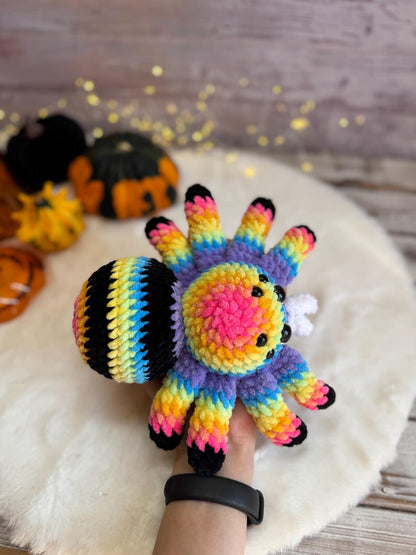 Rainbow Spider Decor, Handmade Crochet Spider Ornament, Halloween Decoration, Gothic Shelf Decor, Spider Lover Gift