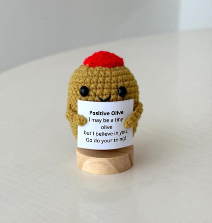 Funny Positive Olive, Knitted Olive Toy With Positive Card, Cute Wool Inspirational Olive Crochet Vegetable Fruit Doll Cheer Up Gifts