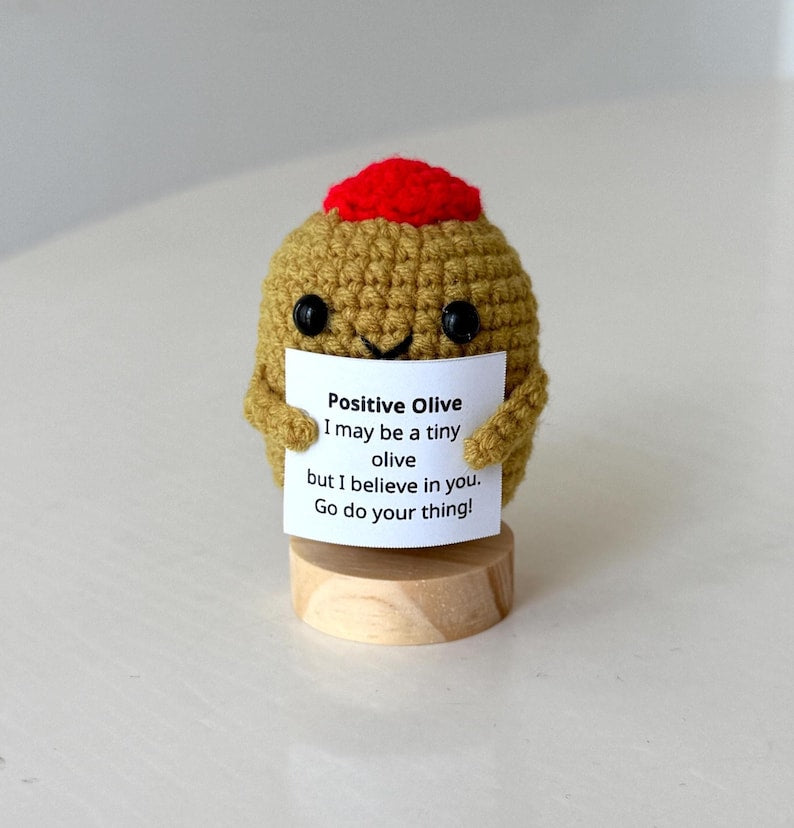 Funny Positive Olive, Knitted Olive Toy With Positive Card, Cute Wool Inspirational Olive Crochet Vegetable Fruit Doll Cheer Up Gifts