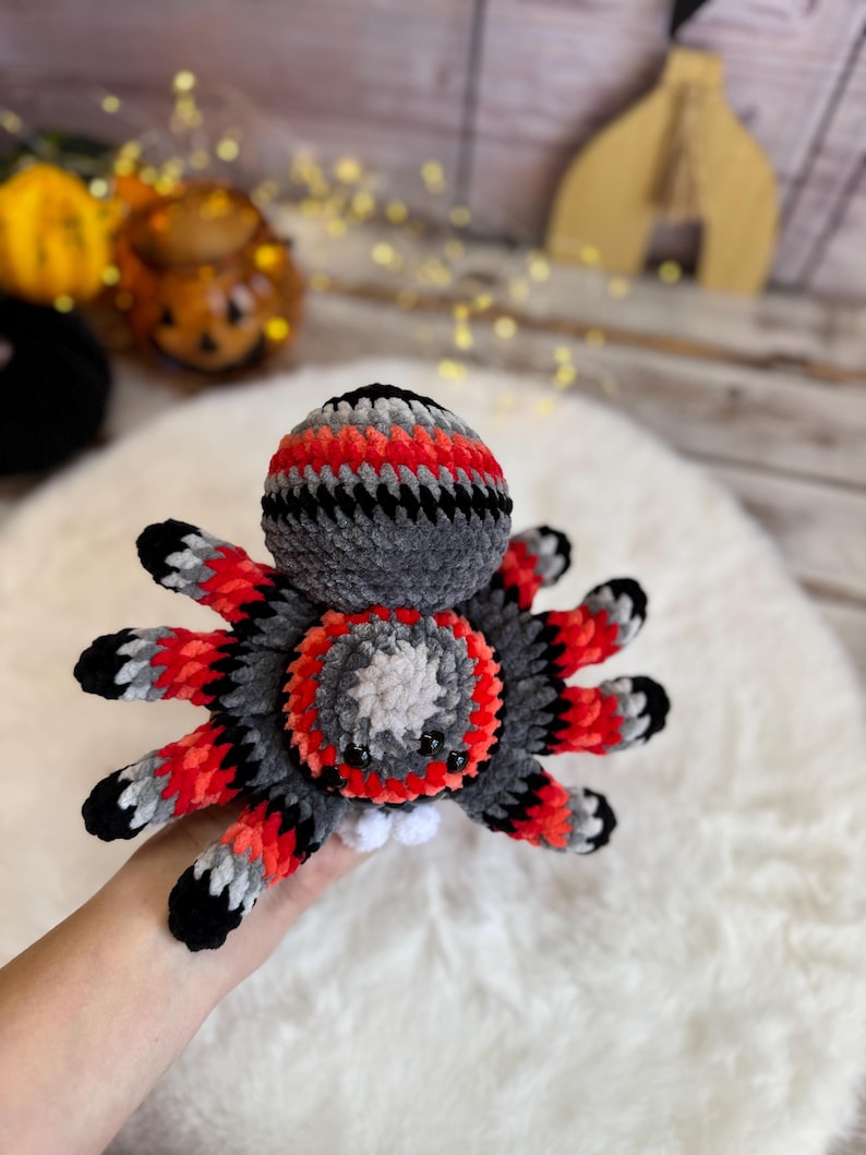 Crochet Halloween Spider, Plush Spider Decor, Red Gray Tarantula Amigurumi