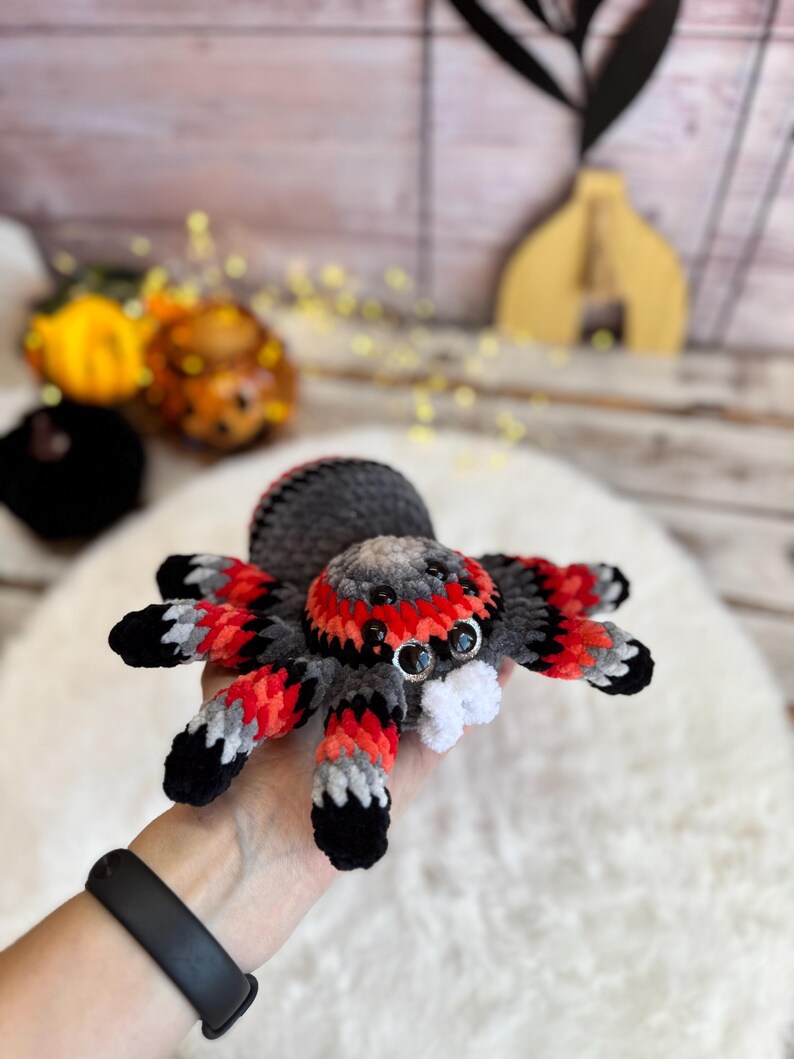 Crochet Halloween Spider, Plush Spider Decor, Red Gray Tarantula Amigurumi
