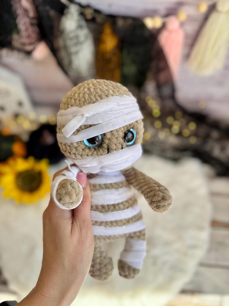 Crochet Mummy Plush, Halloween Decor, Amigurumi Mummy, Spooky Home Decor, Non Candy Trick or Treat Gift, Gothic Decor