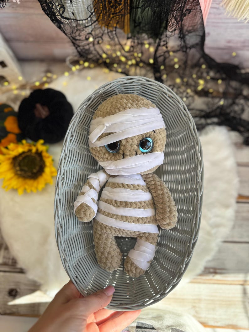 Crochet Mummy Plush, Halloween Decor, Amigurumi Mummy, Spooky Home Decor, Non Candy Trick or Treat Gift, Gothic Decor