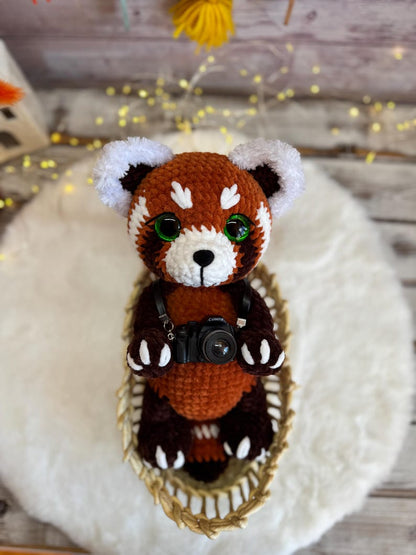 Crochet Red Panda Decor, Handmade Red Panda Keepsake, Amigurumi Panda with Camera, Photographer Gift, Travel Lover Decor