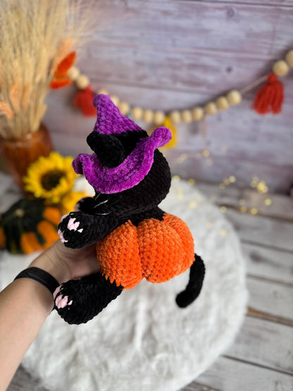 Halloween Black Cat Plush, Witch Cat Amigurumi, Pumpkin Cat