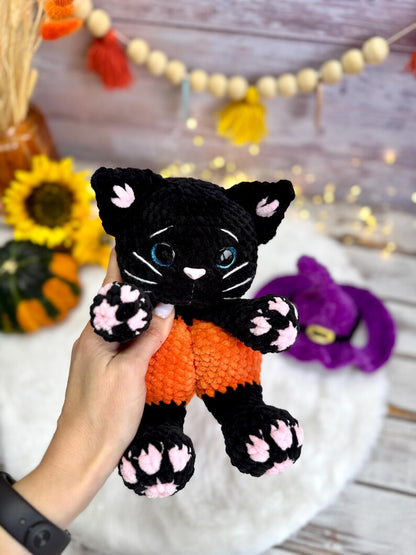 Halloween Black Cat Plush, Witch Cat Amigurumi, Pumpkin Cat