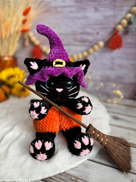 Halloween Black Cat Plush, Witch Cat Amigurumi, Pumpkin Cat
