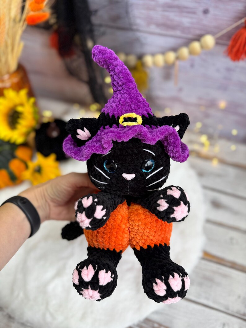 Halloween Black Cat Plush, Witch Cat Amigurumi, Pumpkin Cat
