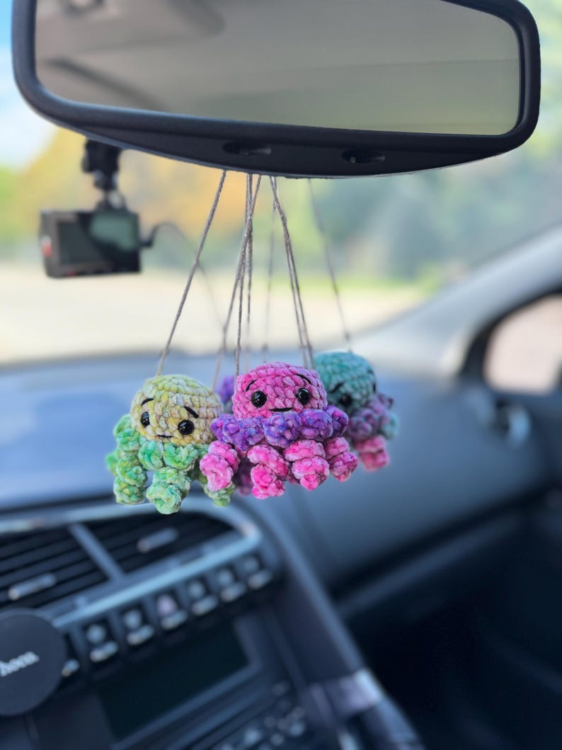 Jellyfish Car Mirror Charm, Crochet Rear View Mirror Hanging, Cute Ocean Car Accessory, New Driver Gift for Her