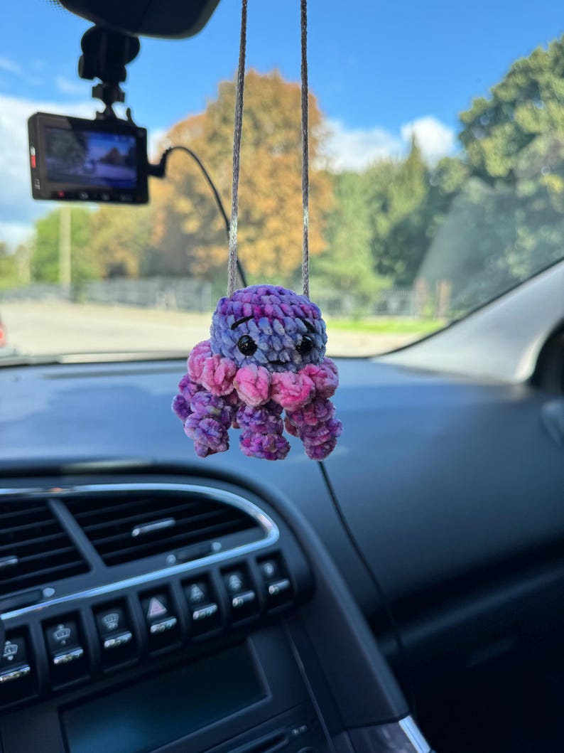 Jellyfish Car Mirror Charm, Crochet Rear View Mirror Hanging, Cute Ocean Car Accessory, New Driver Gift for Her