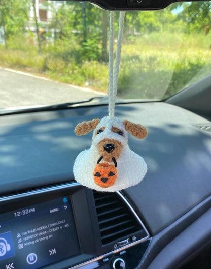 Crochet Dog Costume Car Rear View Mirror Accessory, Amigurumi Ghost Dog Car Charm, Halloween Fall Car Accessories, Fall Car Cute Decor