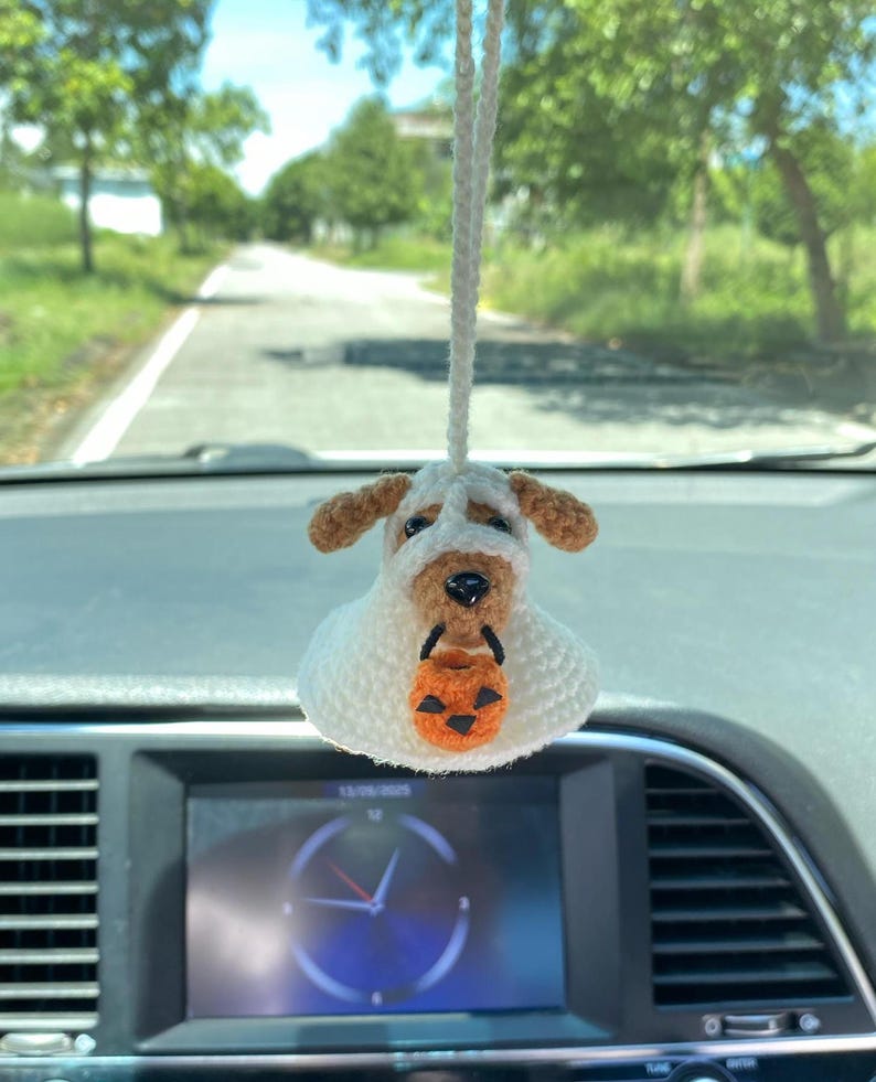 Crochet Dog Costume Car Rear View Mirror Accessory, Amigurumi Ghost Dog Car Charm, Halloween Fall Car Accessories, Fall Car Cute Decor