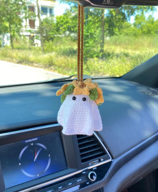 Crochet Ghost Car Charm, Ghost With Sunflower Headband Car Mirror Hanger, Ghost Plushie Halloween Decor, Halloween Car Accessory