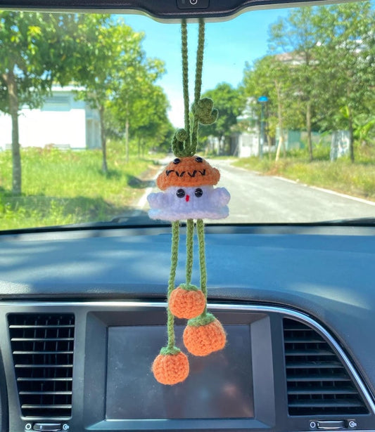 Halloween Ghost Car Charm Crochet, Cute Spooky Car Hanging Pendant, Amigurumi Gift For Halloween Decor, Car Ghost Hanger