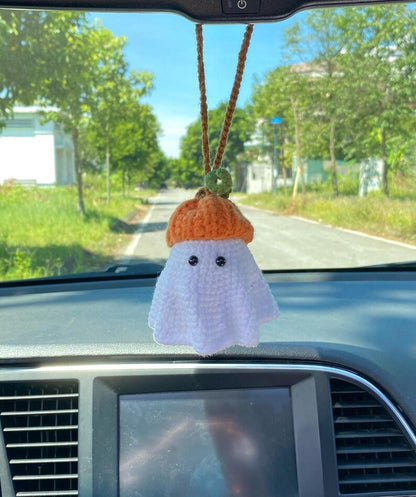 Crochet Ghost Car Charm, Ghost With Pumpkin Hat Car Mirror Hanger, Ghost Plushie Halloween Decor, Halloween Car Accessory
