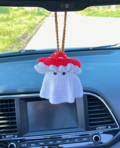 Crochet Ghost Car Charm, Ghost With Mushroom Hat Car Mirror Hanger, Ghost Plushie Halloween Decor, Halloween Car Accessory